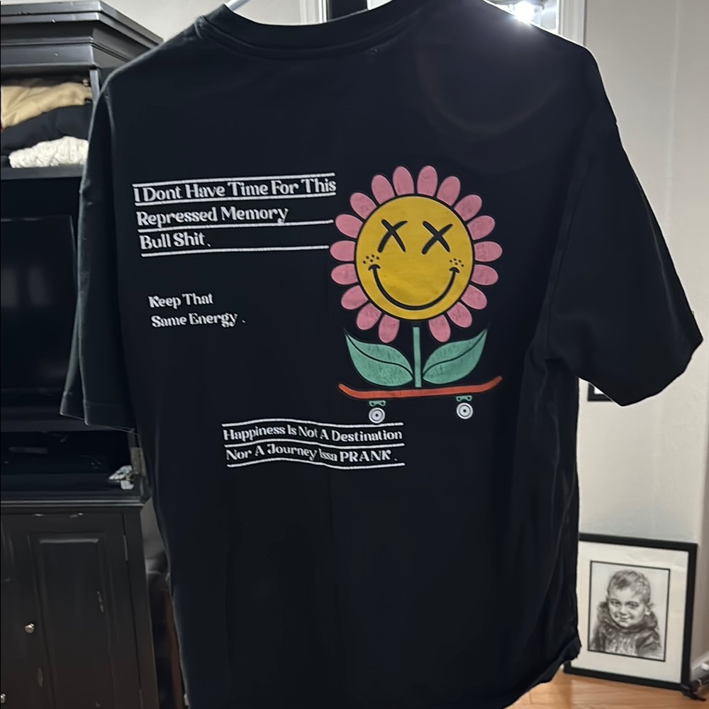 Black Graphic T-Shirt with Smiley Flower